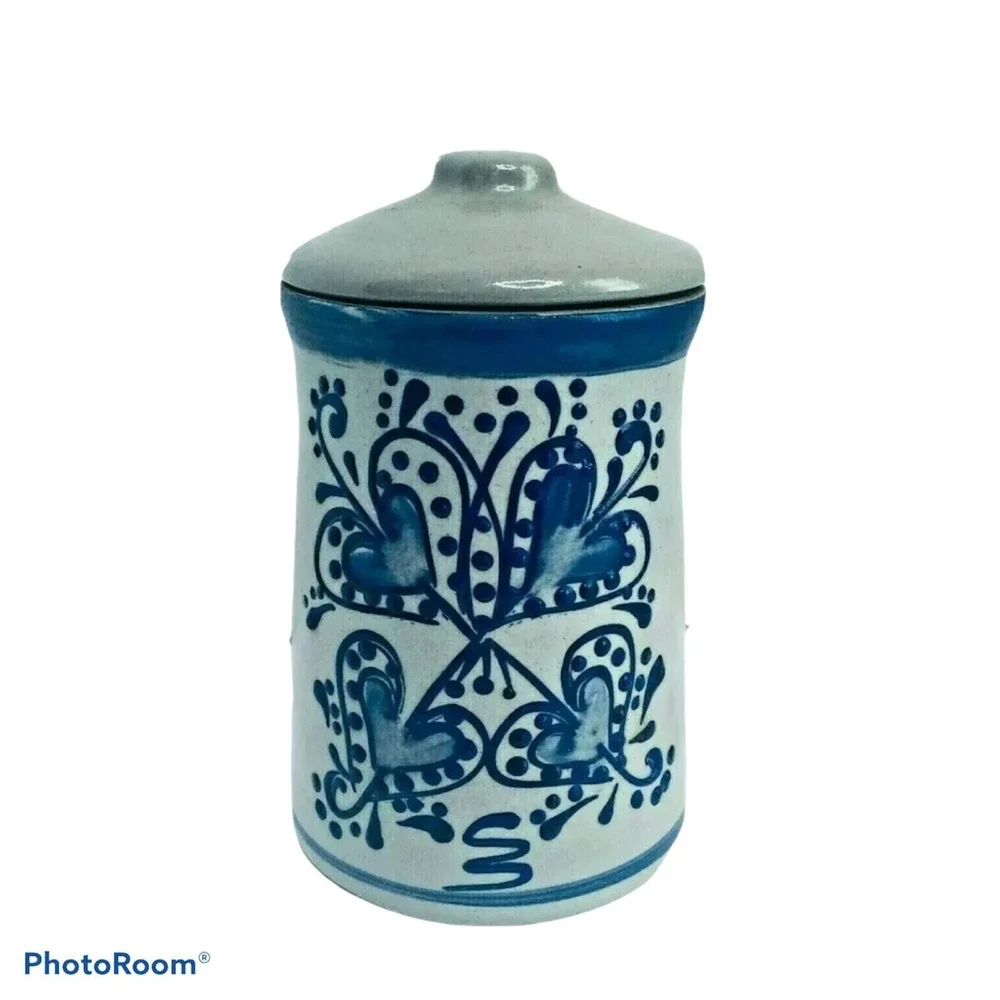 BBP 1994 Vintage Salt Glaze Stoneware Canister Blue Heart Hand Painted Crock Lid